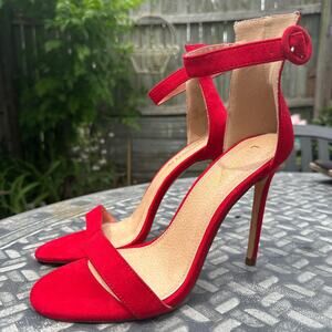 Liliana Red Open Toe Velvet Ankle Strap High Heel Sandal Pump Size 9 Stiletto